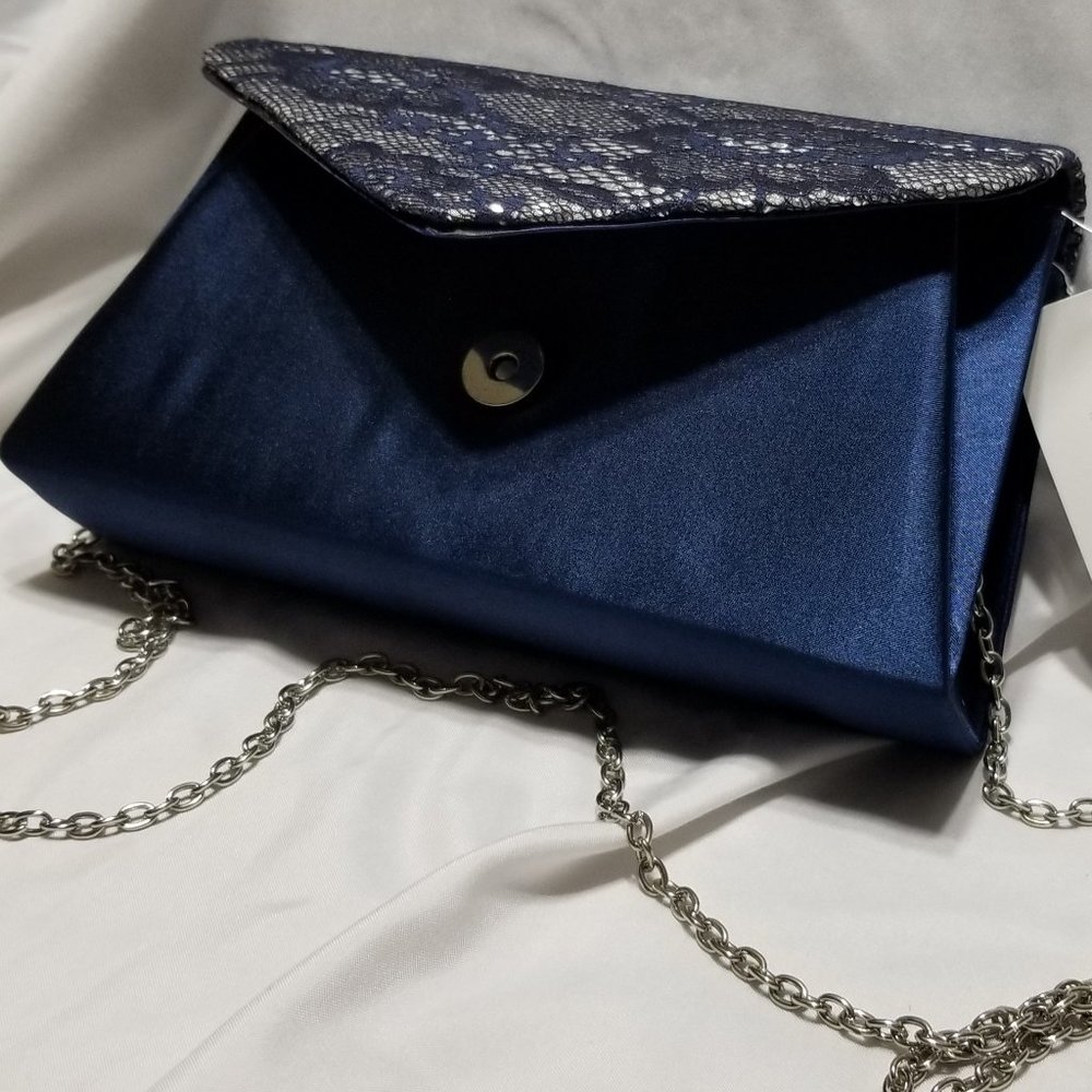 NWT Dunne Sax Satin Blue Convertible Evening Lilly Clutch by Jessica McClintock - Picture 4 of 15